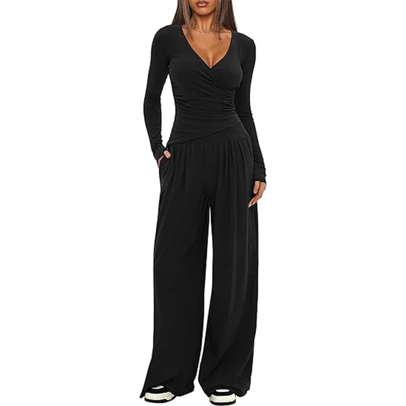 2025 autumn and winter wide leg pants set, women's long sleeved multi occasion sportswear, commuting hot selling item