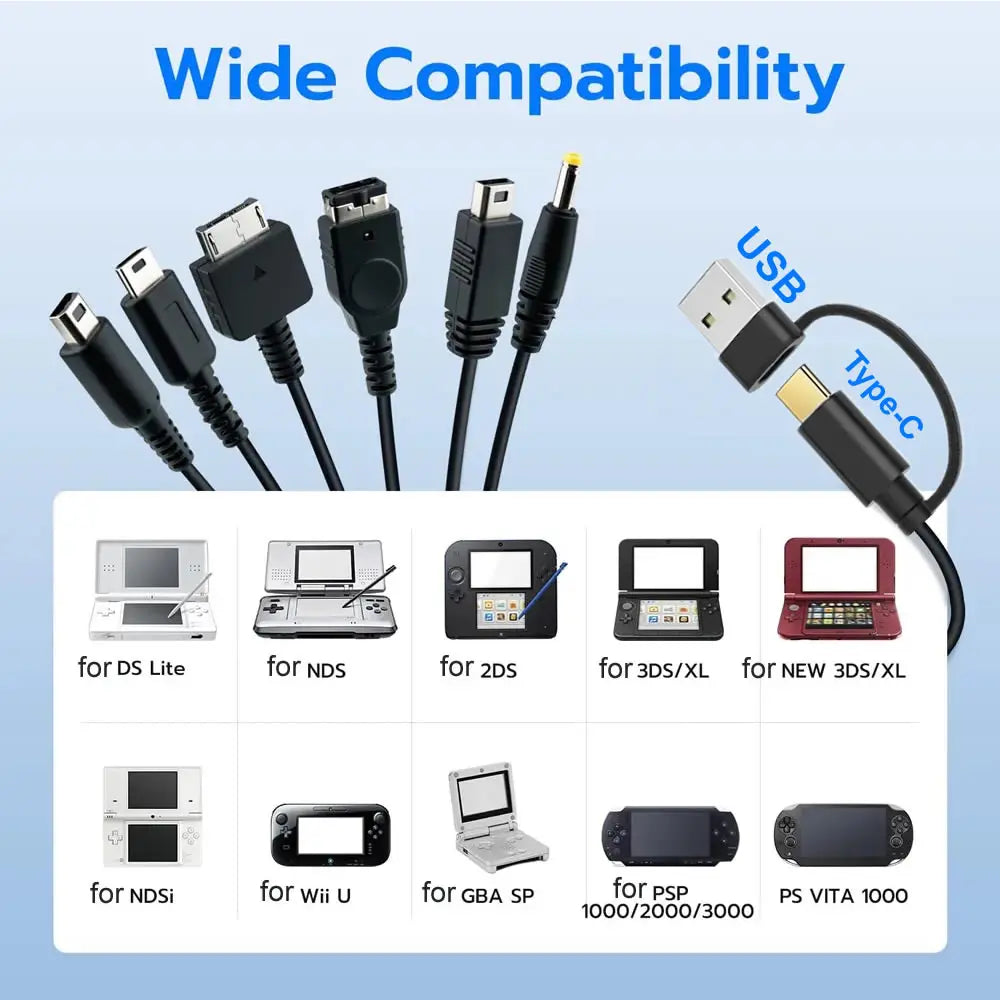 6 in 1 USB C Type C PD Charging Cord for NDS Lite / Wii U / New 3DS XL LL /2DS / GBA SP / PSP / PSV Game Charger Cable Cords