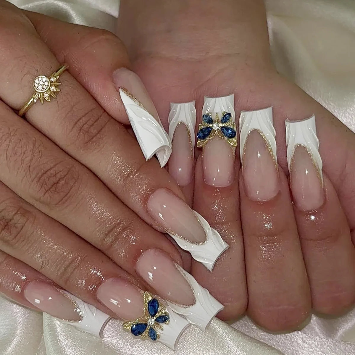 24Pcs Gold French Border False Nails Long Coffin False Nails with Rhinestones Ballerina Full Cover Nail Tips Press on Nails 2030