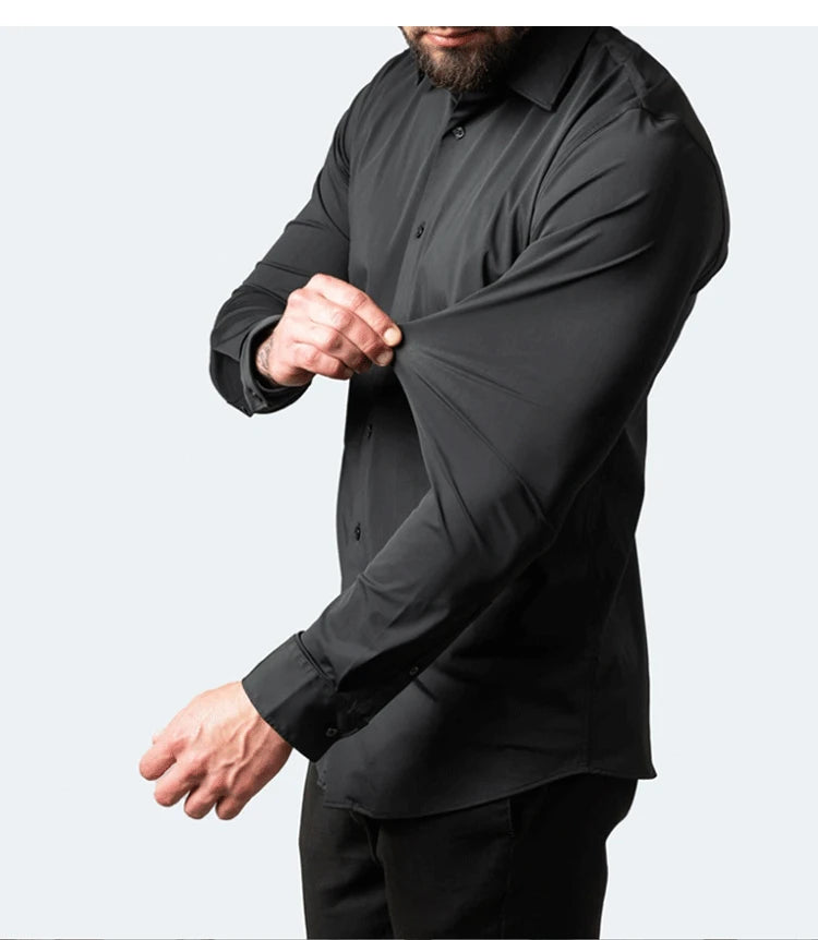 Plus Size 7XL 6XL High Elasticity Seamless Spandex Shirt Men Long Sleeve Slim Fit Casual Solid Color Social Formal Dress Shirts