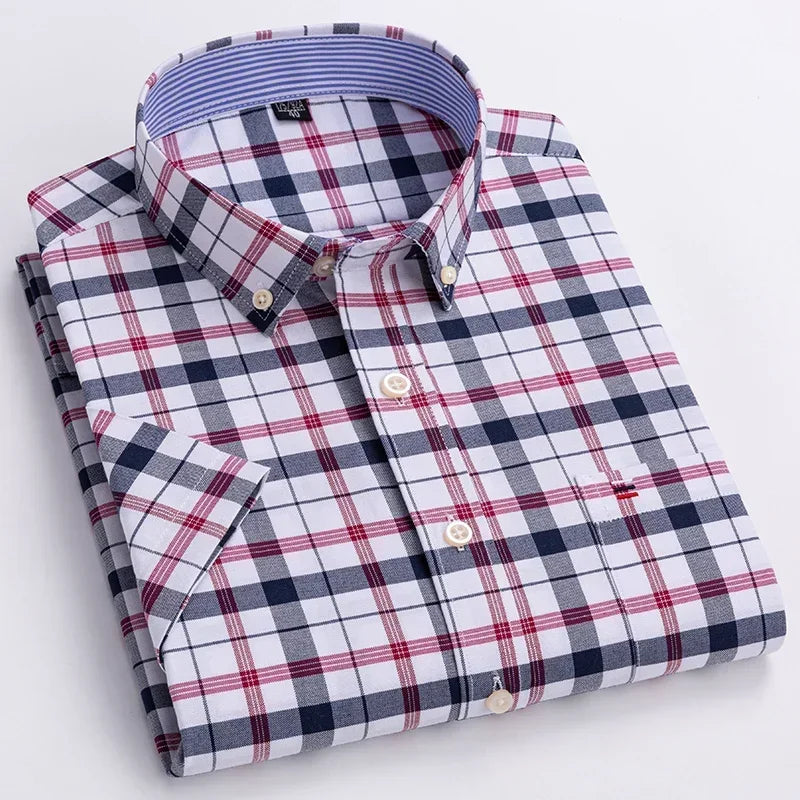 2026 100% Pure Cotton Men's Oxford Short Sleeve Square Collar Soild Plaid Striped Summer Casual Shirts Single Pocket  Shirt