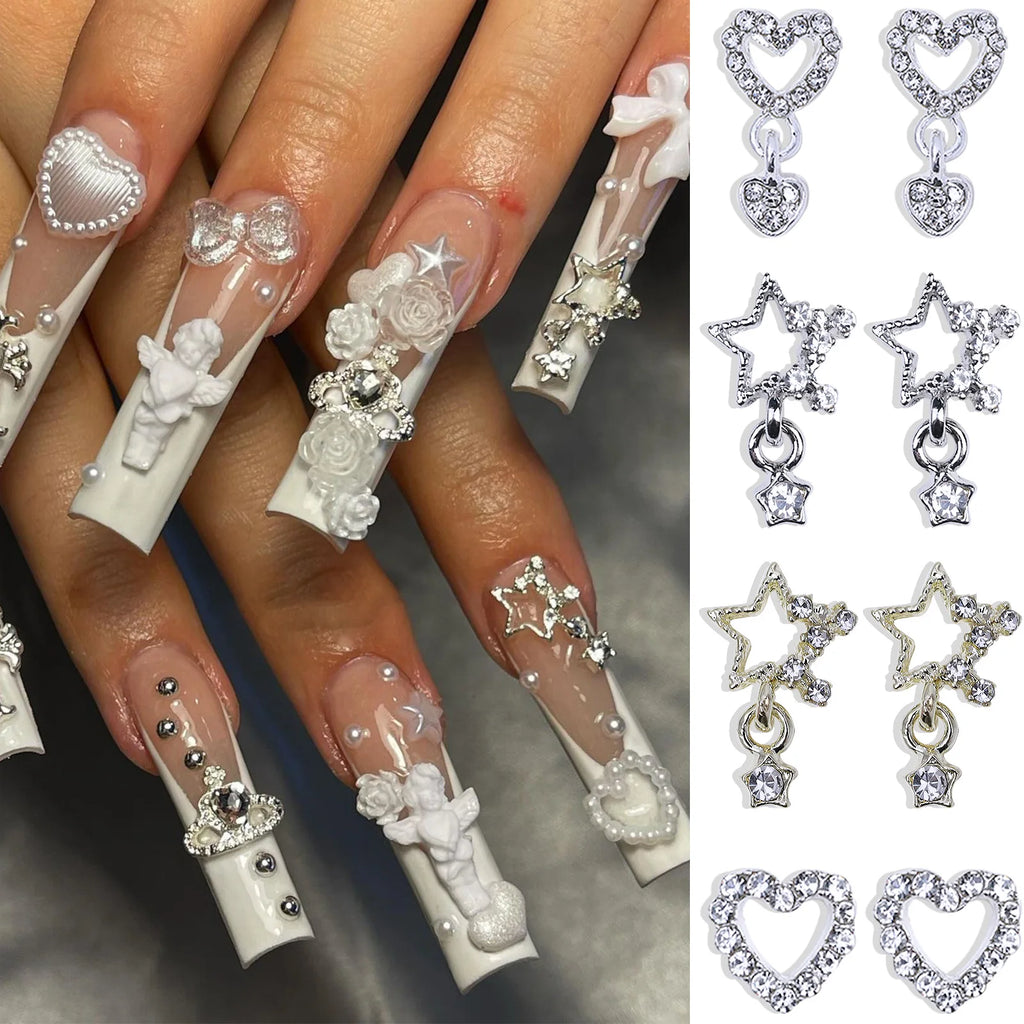 10/20PCs Silver Star Nail Charms With Rhinestones Shiny 3D Alloy Heart Nail Jewelry Y2K Charms For Acrylic Nails Decoration