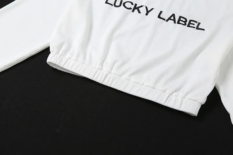 Fashion Summer Solid Lucky Label Letter Embroidery Two Piece Sets Women Sweatshirt+Leggings Casual Sporty Tracksuits Female
