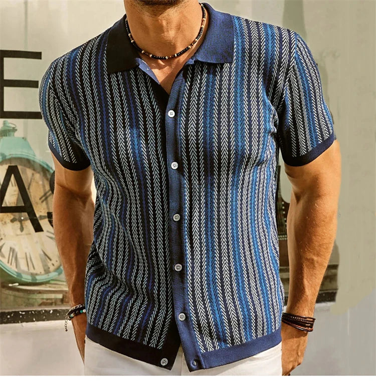 High End Jacquard Striped Polo Shirts For Men Short Sleeve Elastic Summer Quality Viscose Knitted Smart Casual Camisas De Hombre