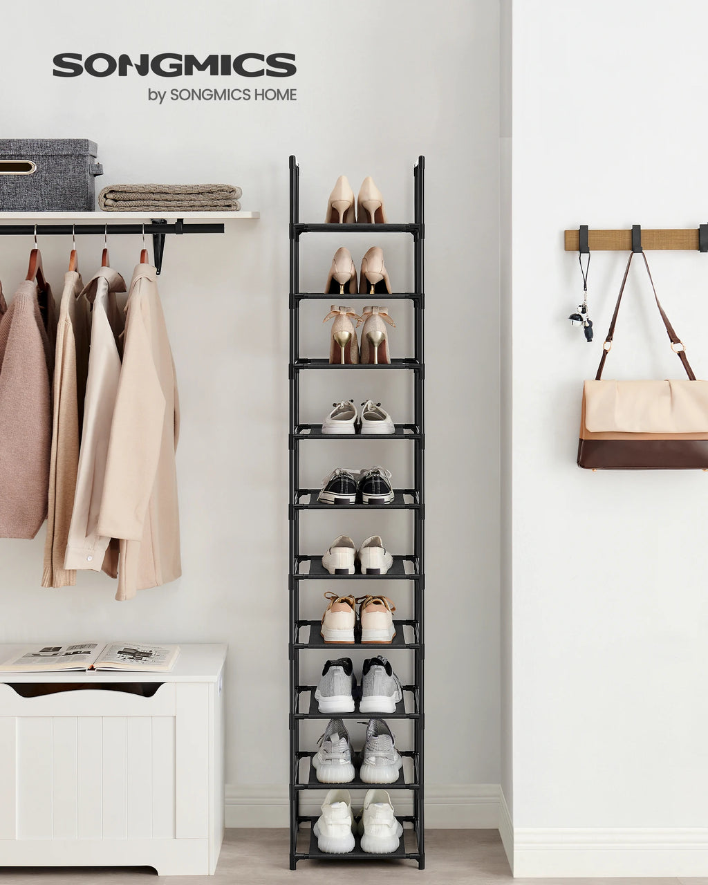 SONGMICS 10-Tier Shoe Rack, Shoe Stand, Space-Saving Shoe Storage, 33 x 33 x 173 cm, Metal Frame, Non-Woven Fabric Shelves