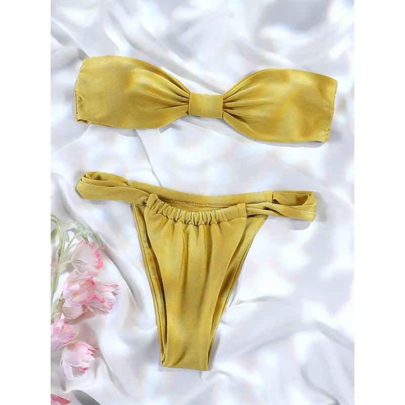 Rinabe Women's Swimsuit Solid Biquinis Off Shoulder Bikinis Women Low Waist Swimwear Pleated Bathing Suit Female Bikini Sets