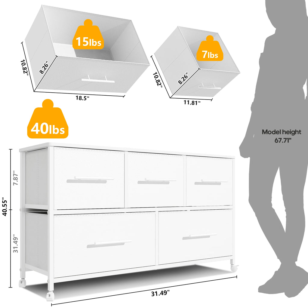 Chest of Drawer Dresser for Bedroom with 5 Fabric Drawers TV Stand with 4 Castors Storage Organizer Unit for Living Room