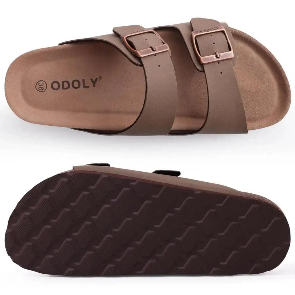 Litfun Women's Cork Footbed Sandals Classic Flat Sandals Fashion Thick Bottom Double Buckle Slides Beach Sandals With Adjustable