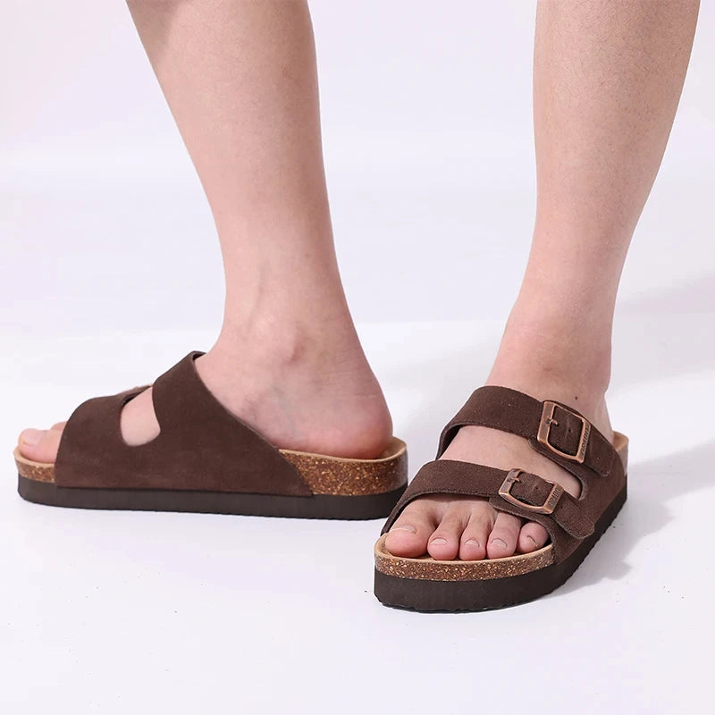 Litfun Women's Cork Footbed Sandals Classic Flat Sandals Fashion Thick Bottom Double Buckle Slides Beach Sandals With Adjustable
