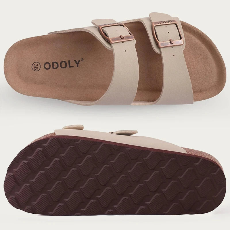 Litfun Women's Cork Footbed Sandals Classic Flat Sandals Fashion Thick Bottom Double Buckle Slides Beach Sandals With Adjustable
