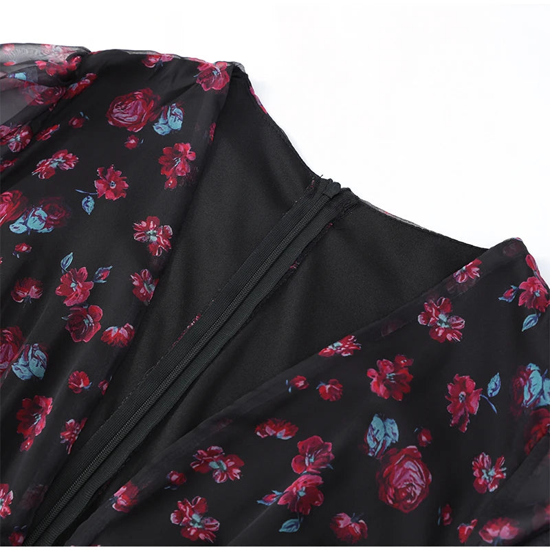 Sexy Floral Printed Mini Dress Women V-neck Flared Sleeve Waist Cinching Ruffle Bodycon Dresses 2026 Lady Party Vacation Gown