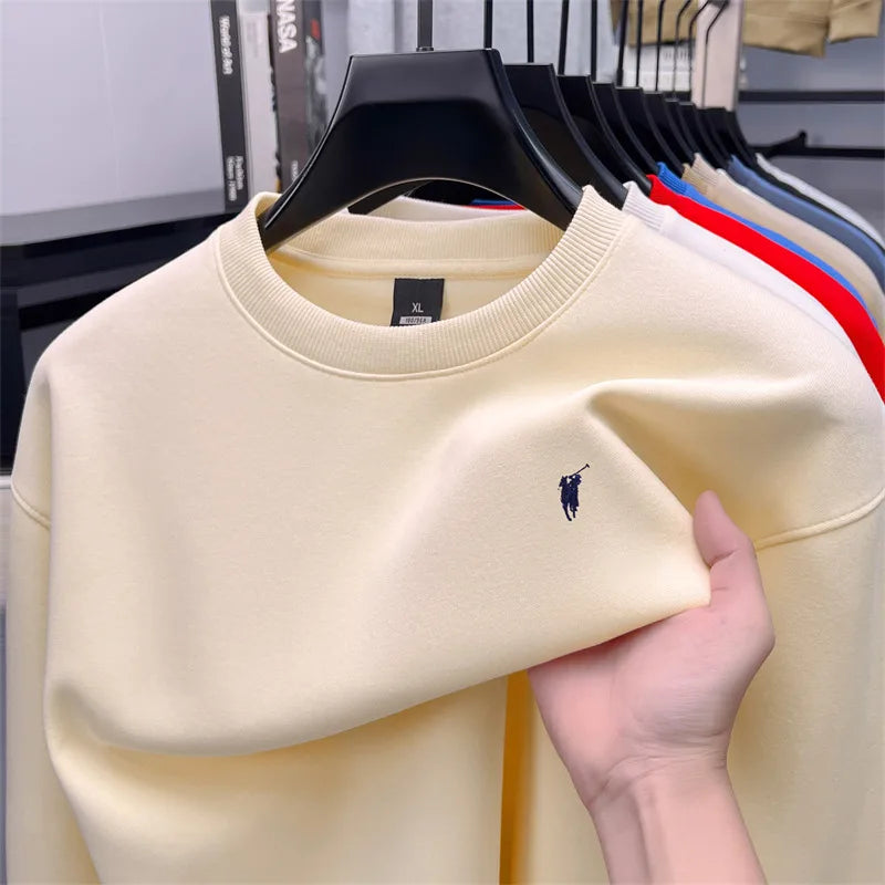 2025 New Men's Round Neck Printed Casual Long Sleeve Hoodie Solid Color Versatile Fleece Loose Casual T-Shirt