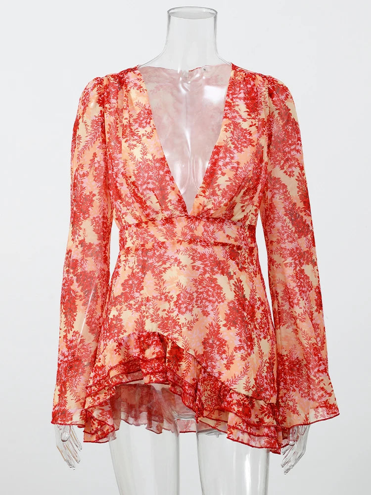 Sexy Floral Printed Mini Dress Women V-neck Flared Sleeve Waist Cinching Ruffle Bodycon Dresses 2026 Lady Party Vacation Gown