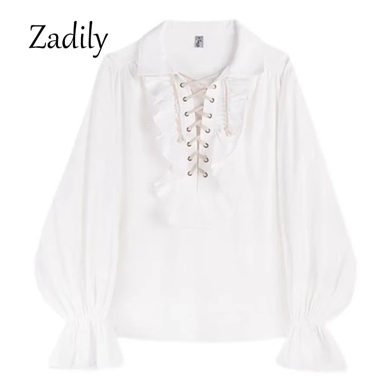 2025 New Women Pirate Shirt Vampire Prince Poet Shirts Medieval Buccaneer Frills Lace Up Renaissance Vintage Gothic Blouse Tops