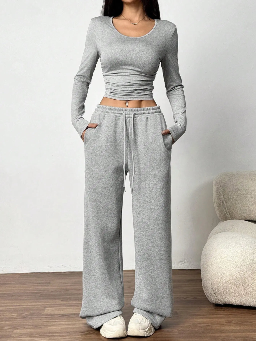 Women's Fashion Casual Wide Leg Pants Long Sleeve Crew Neck Solid Color Slim Two-piece Autumn and Winter Suit