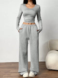 Women's Fashion Casual Wide Leg Pants Long Sleeve Crew Neck Solid Color Slim Two-piece Autumn and Winter Suit