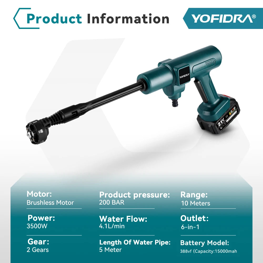 YOFIDRA 200Bar Brushless High Pressure Washer Gun Electric Car Washer Garden Watering Gun Cleaning Tools for Makita Battery Pins