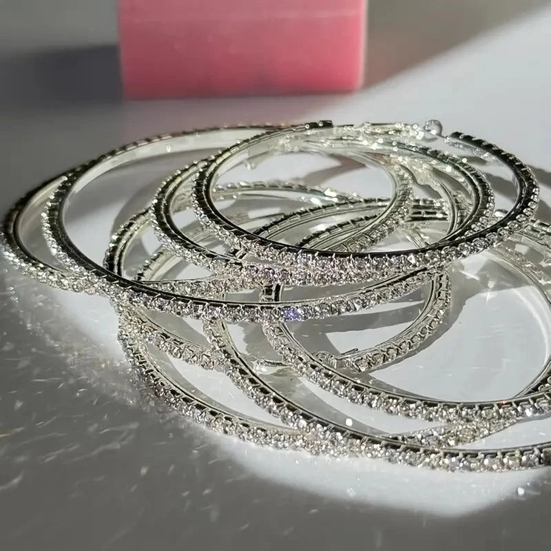 3 Pairs Full Shiny Rhinestone Hoop Earrings For Women Gold Color Sparkling Exaggerated Circle Earring Simple Luxury Jewelry Gift