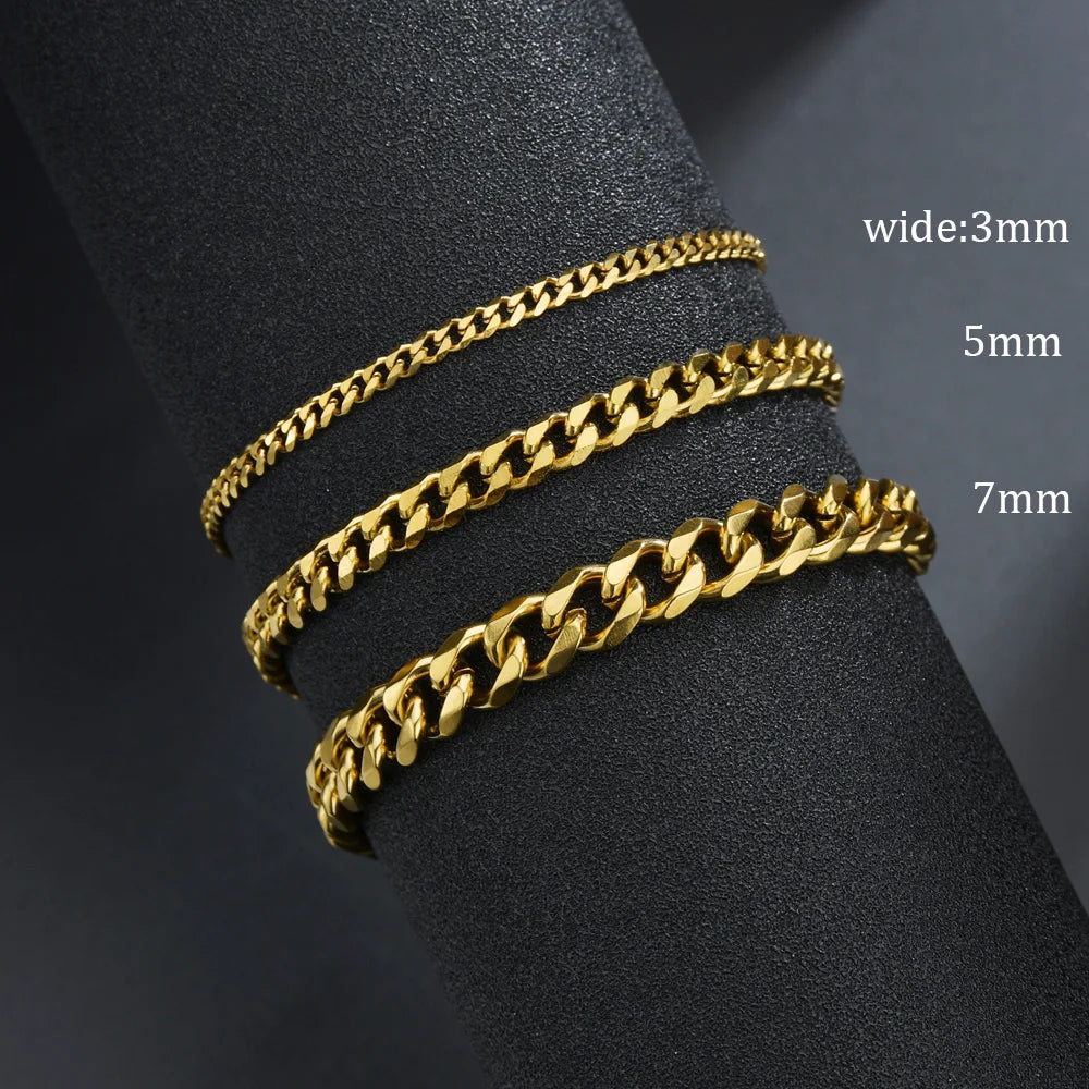 3/5/7mm Width Stainless Steel Punk Style Cuban Chain Bracelet Simple Fashion Jewelry Bracelet Gifts For Men Women 2024New Trendy