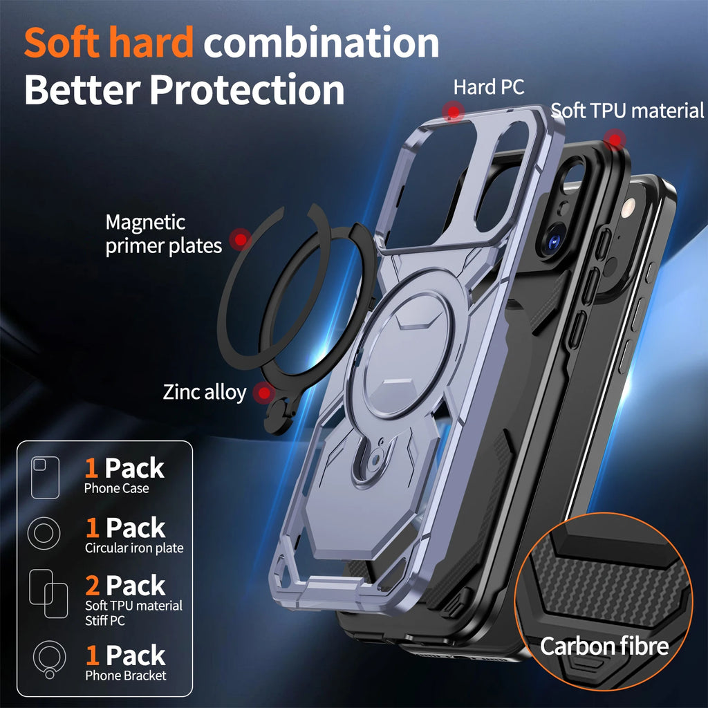 Luxury For Magsafe Wireless Charging Magnetic Armor Case For iPhone 17 Air 16E 16 15 14 13 12 11 Pro Max Plus Ring Stand Cover
