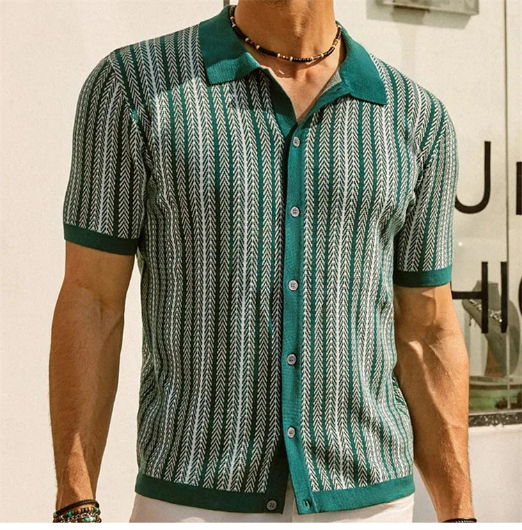 High End Jacquard Striped Polo Shirts For Men Short Sleeve Elastic Summer Quality Viscose Knitted Smart Casual Camisas De Hombre