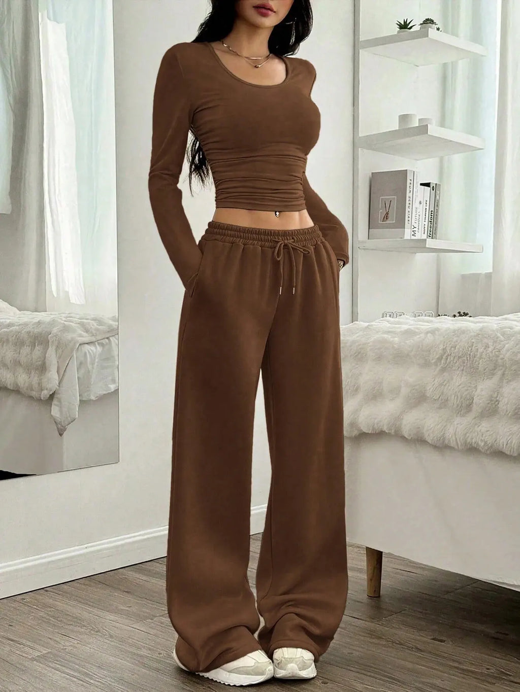 Women's Fashion Casual Wide Leg Pants Long Sleeve Crew Neck Solid Color Slim Two-piece Autumn and Winter Suit