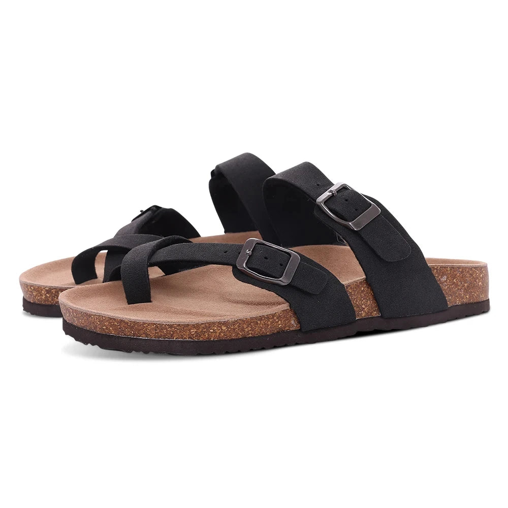 Litfun Women's Cork Footbed Sandals Classic Flat Sandals Fashion Thick Bottom Double Buckle Slides Beach Sandals With Adjustable