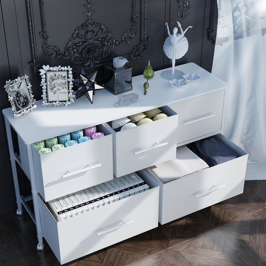 Chest of Drawer Dresser for Bedroom with 5 Fabric Drawers TV Stand with 4 Castors Storage Organizer Unit for Living Room