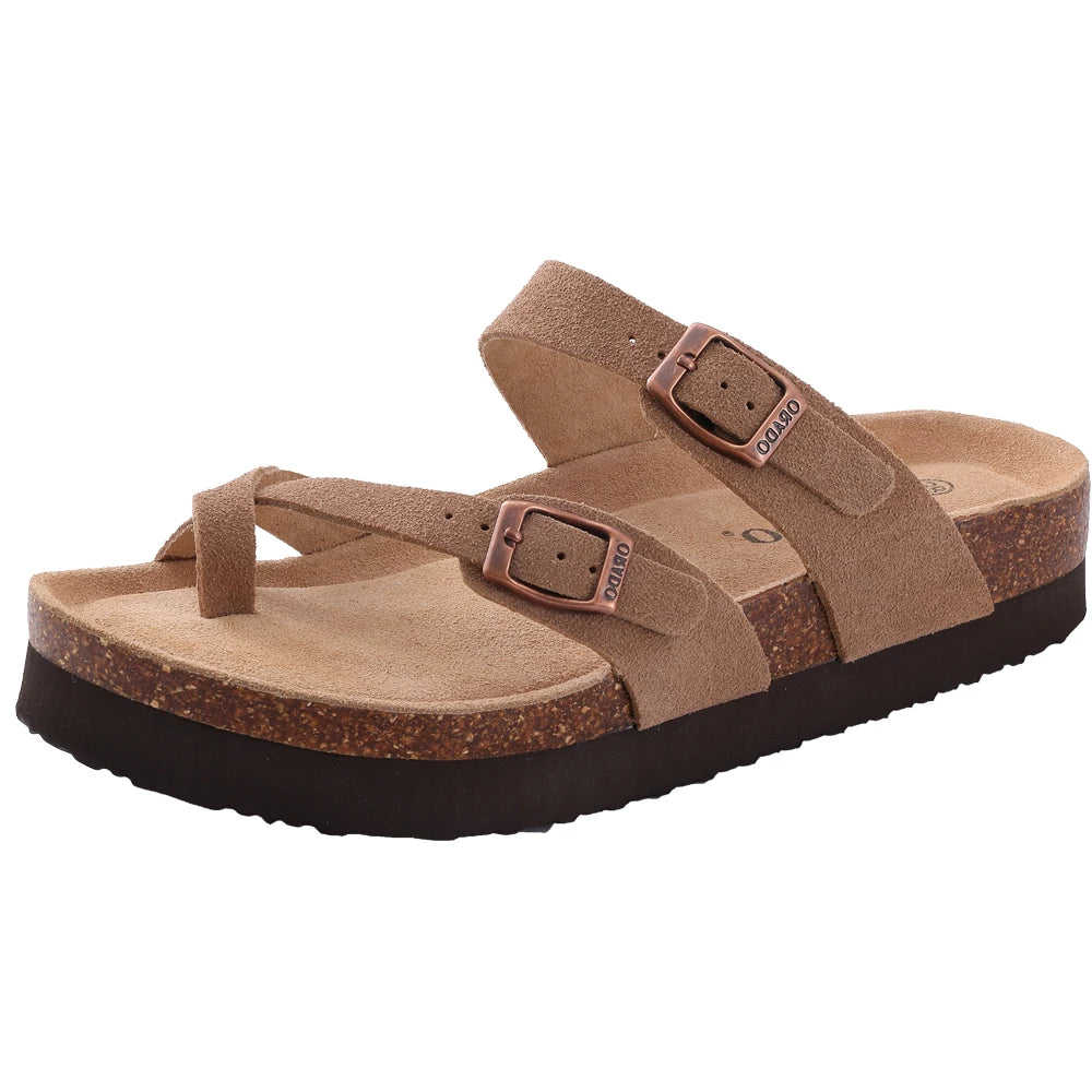 Litfun Women's Cork Footbed Sandals Classic Flat Sandals Fashion Thick Bottom Double Buckle Slides Beach Sandals With Adjustable