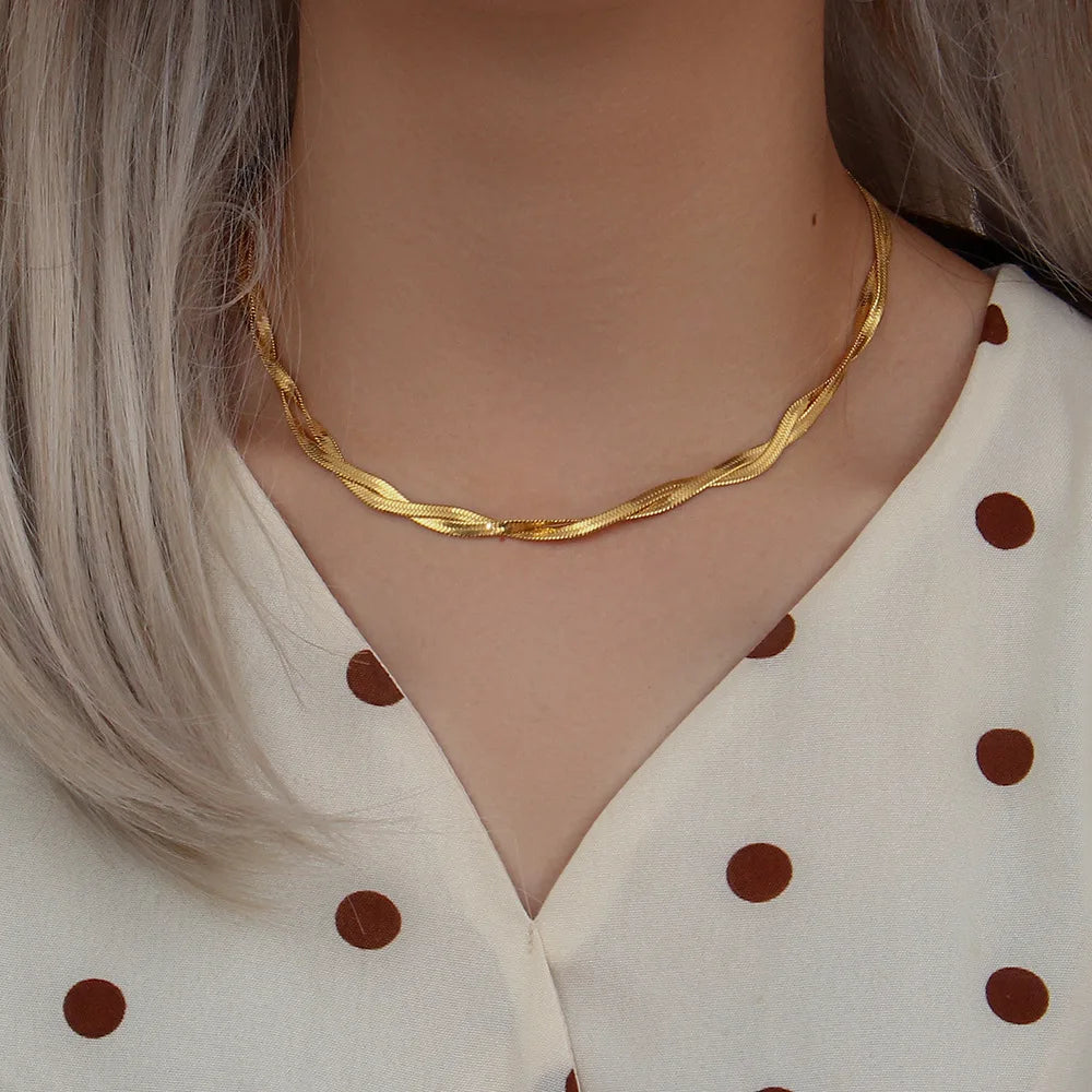 Gold Plated Waterproof Braided New Herringbone Chain Necklace Bracelets Set Wholesale Stainless Steel Jewelry For Women
