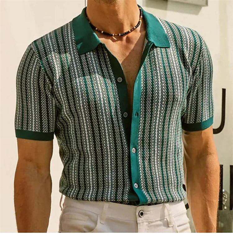High End Jacquard Striped Polo Shirts For Men Short Sleeve Elastic Summer Quality Viscose Knitted Smart Casual Camisas De Hombre