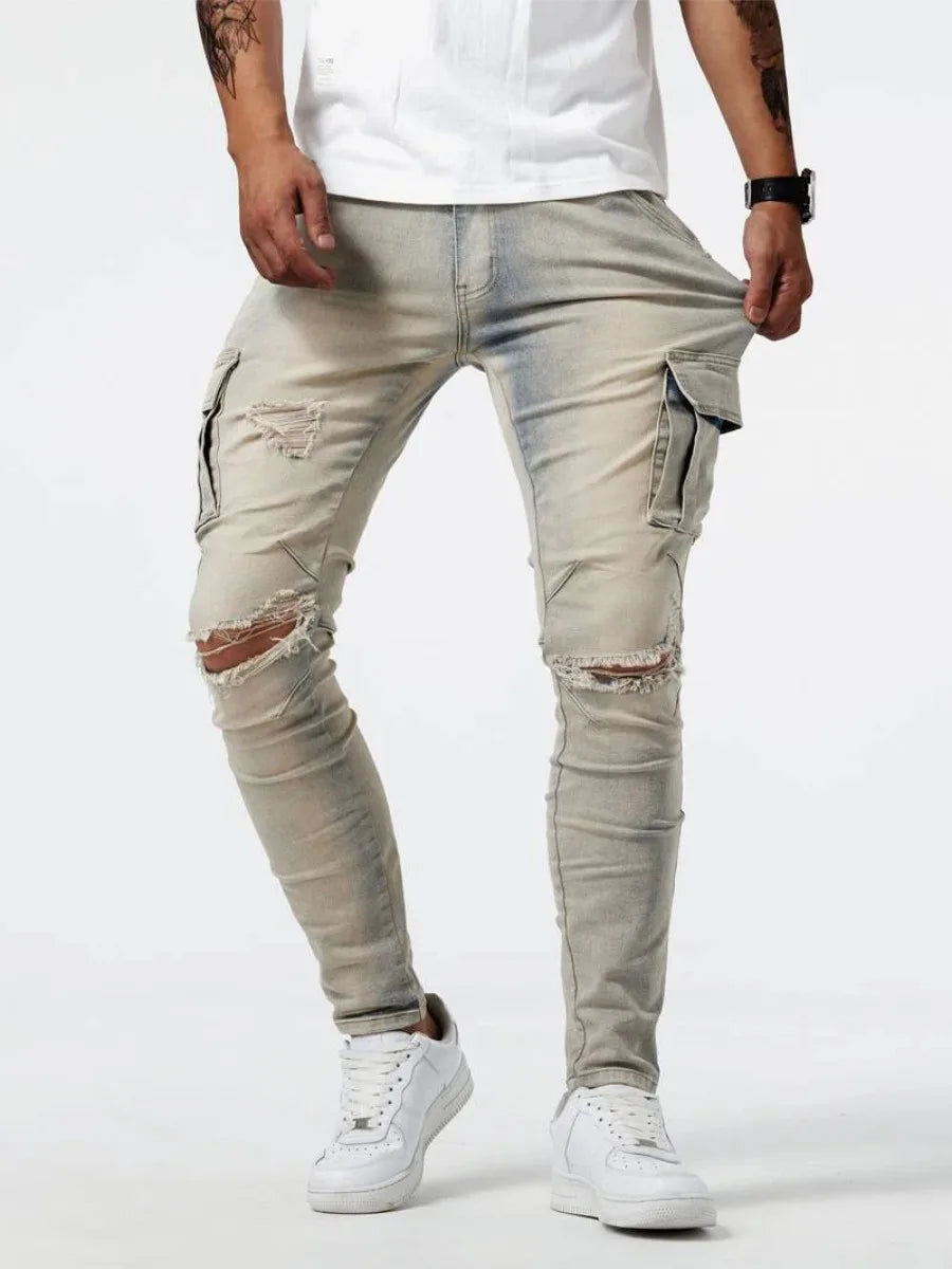 Men's Ripped Jeans Trendy Streetwear Slim Fit Tight Ripped Skinny Pants