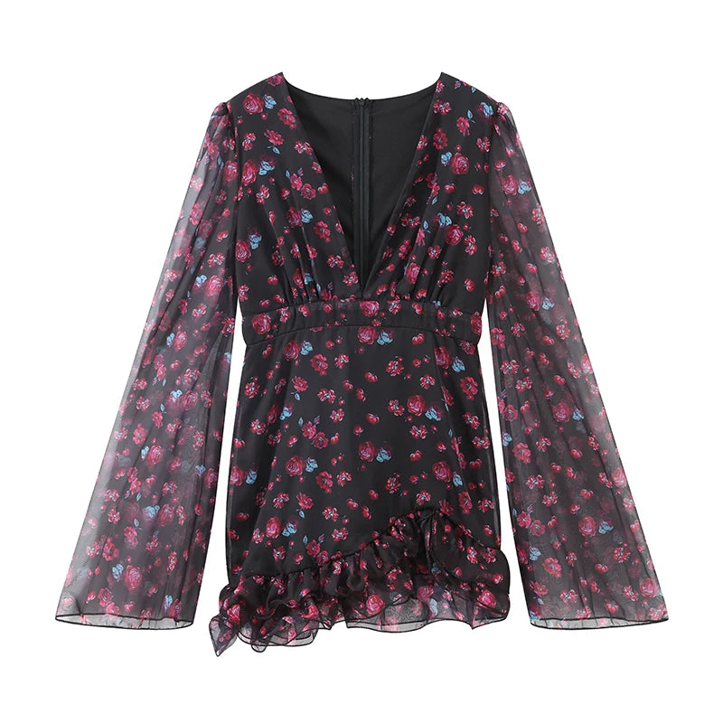 Sexy Floral Printed Mini Dress Women V-neck Flared Sleeve Waist Cinching Ruffle Bodycon Dresses 2026 Lady Party Vacation Gown