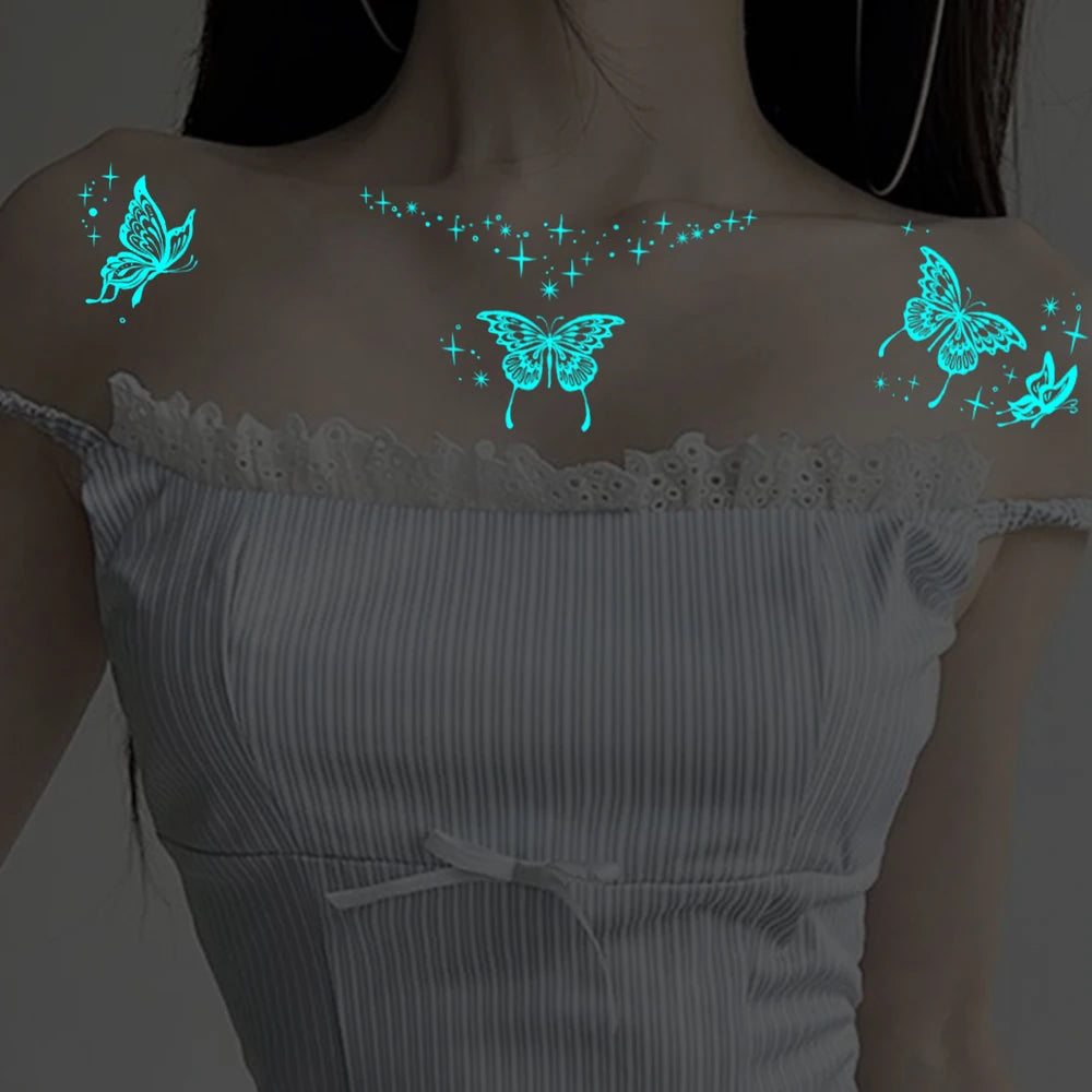 5pcs Blue Luminous Glow Waterproof Temporary Tattoo Sticker Moon Star Heart  Line Flash Tato Women Men Arm Body Art Fake Tattoos