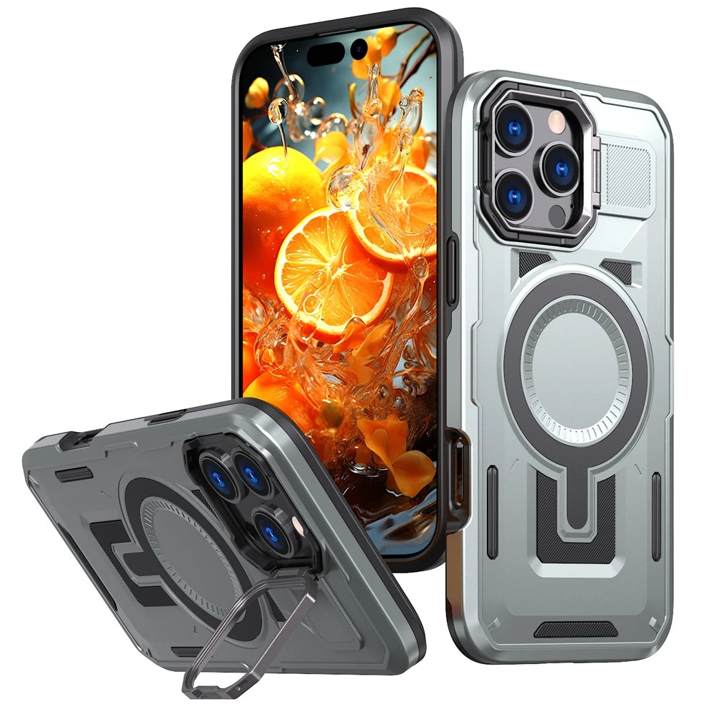 Luxurious Armor Case for iPhone 17 air 16 e 15 14 13 12 11 Pro Max Plus Magnetic Metal Stand Holder Kickstand Protective Hard Co