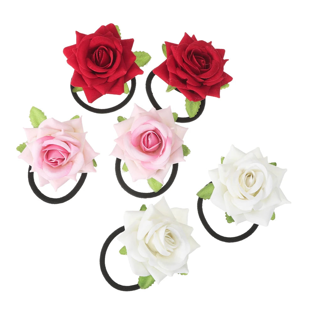AWAYTR 2pcs New Girls Hair Rope Simulation Flower Cloth Elastic Hair Bands Rose Hair Ties Woman Hair Accesories Wholesale