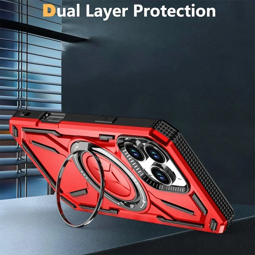 Luxury 360 ° Rotating Metal Ring Bracket Armor Magnetic Suction Protective Case for iPhone 16 15 14 13 12 11 Pro Max Plus case