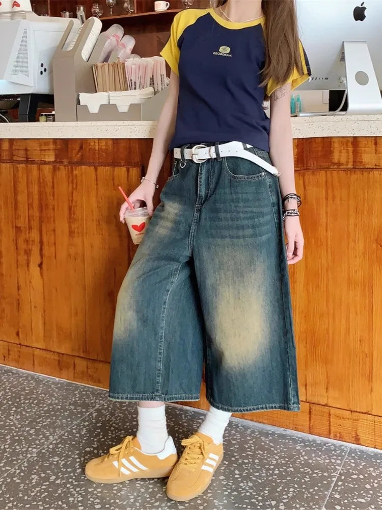 Retro Blue Wide Short Jeans Women Baggy Y2k Jorts Casual Vintage Streetwear Harajuku Korean Style Denim Shorts Basic Summer 2024