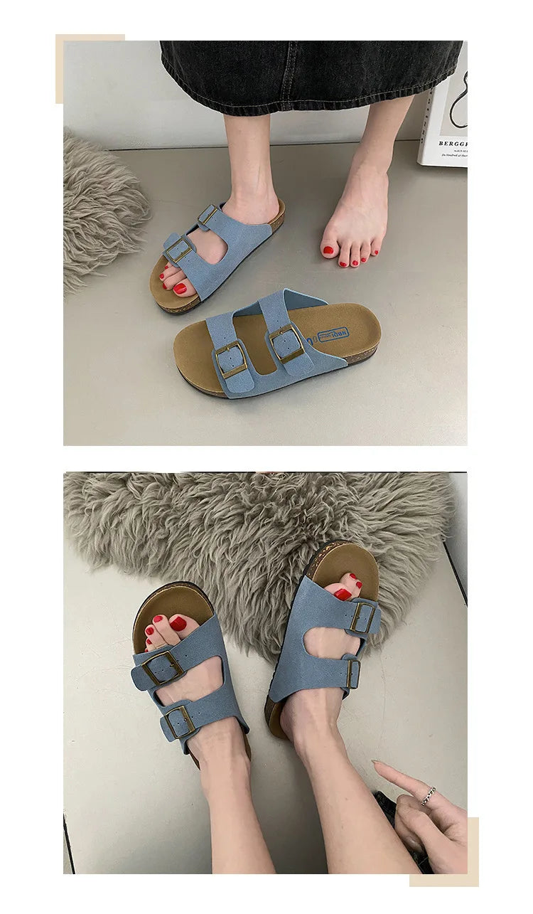 Litfun Women's Cork Footbed Sandals Classic Flat Sandals Fashion Thick Bottom Double Buckle Slides Beach Sandals With Adjustable