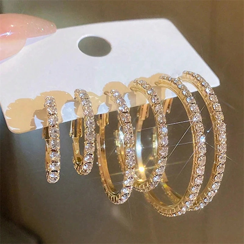 3 Pairs Full Shiny Rhinestone Hoop Earrings For Women Gold Color Sparkling Exaggerated Circle Earring Simple Luxury Jewelry Gift
