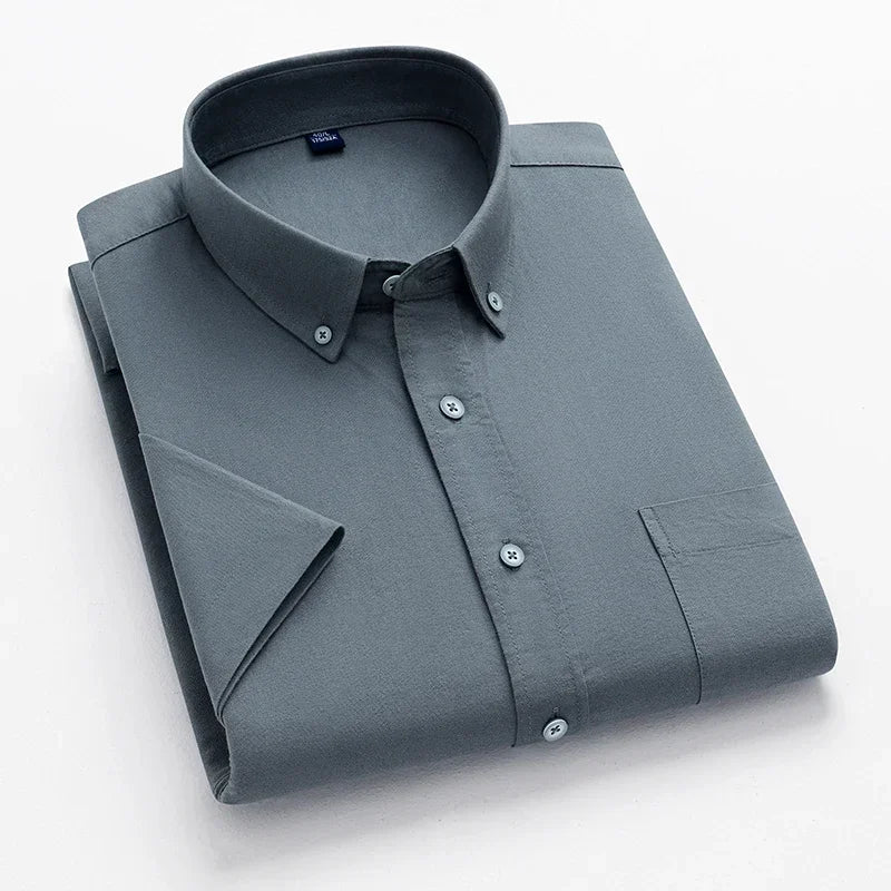 2026 100% Pure Cotton Men's Oxford Short Sleeve Square Collar Soild Plaid Striped Summer Casual Shirts Single Pocket  Shirt