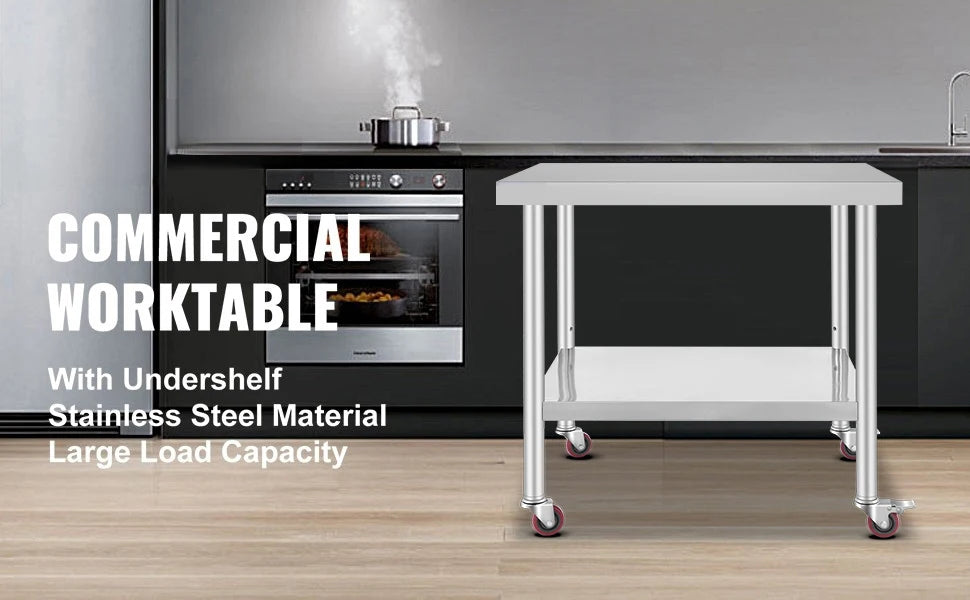 SucceBuy 36 x 30 inch Stainless Steel Work Table with 4 Wheels Heavy Duty Food Prep Worktable for Commercial Kitchen Restaurant