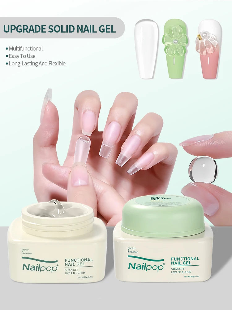 Nailpop Solid Nail Gel Adhesive For Press-On Nails Ultra Strong Adhesion Clear False Nail Gel Soak UV Extension Nail Gel 20g