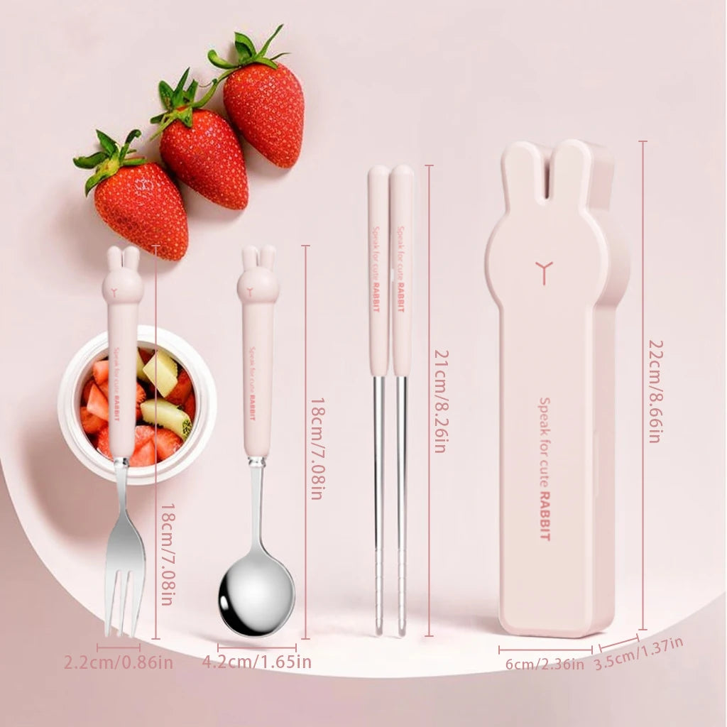 3/4PCS Cute Portable Dinnerware Set Reusable 304 Stainless Steel Fork Spoon Chopsticks With Box Cutlery For Kid Student