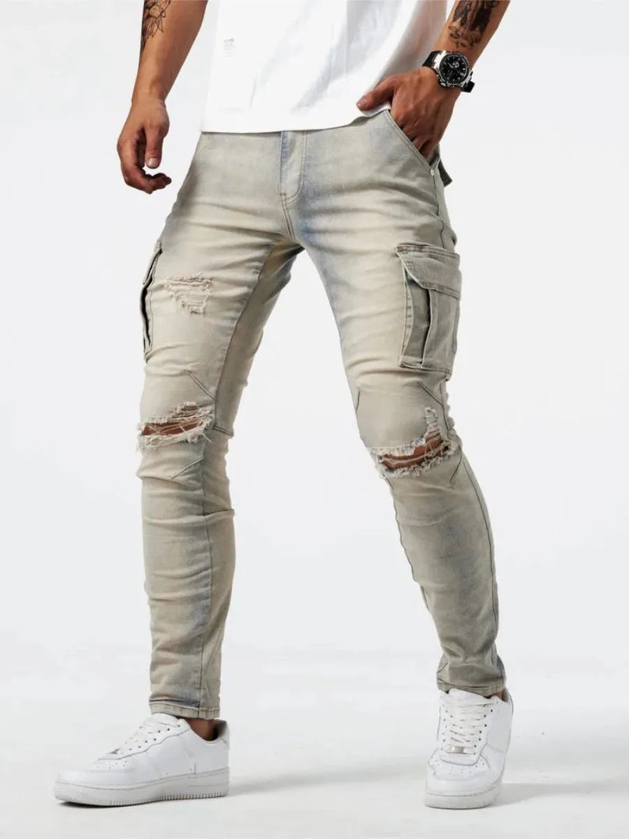 Men's Ripped Jeans Trendy Streetwear Slim Fit Tight Ripped Skinny Pants