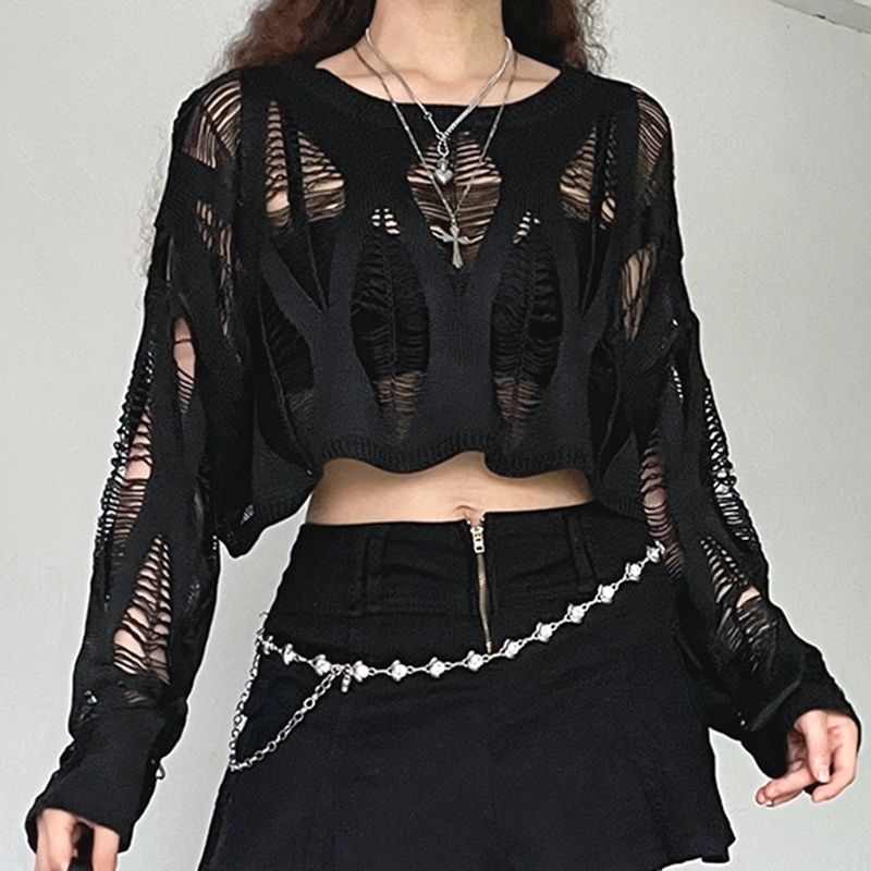 ITOOLIN Women Hole Hollow Out Y2K T-shirts Batwing Sleeve Knitted Shirt For Women Loose Streetwear Tops Spring Autumn 2024