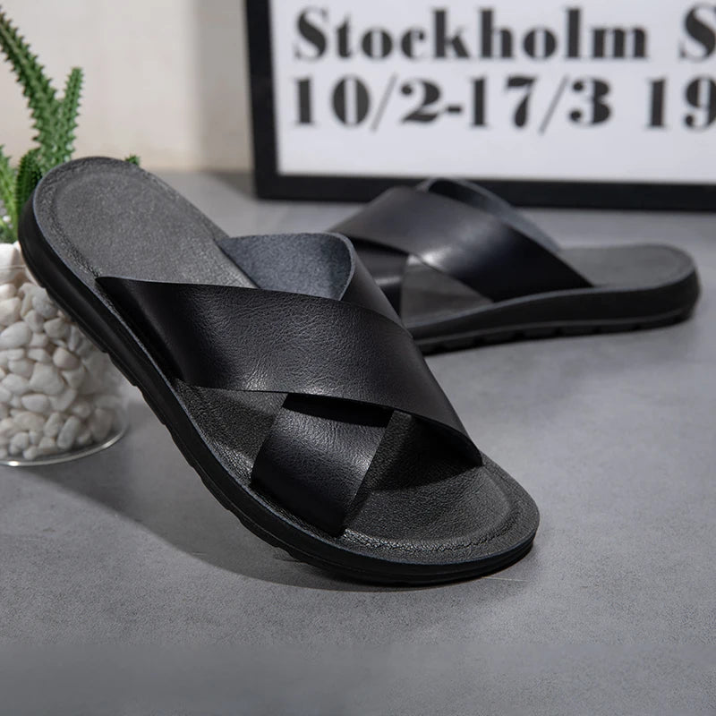 Summer Sandals High Quality Leather Men Bare Toe Slippers Men Shoes Slip on Casual Shoes Outdoor Mens Slides Comfy Beach Sandals