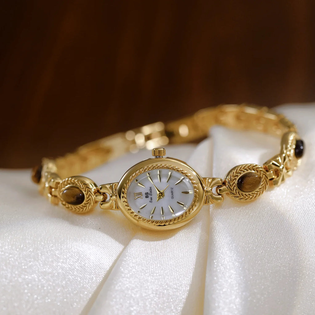 Women's Watch Natural Jade Bracelet Vintage Small Oval Dial Gold Retro Watches Luxury Brand Women Quartz Wristwatches Clock Gift