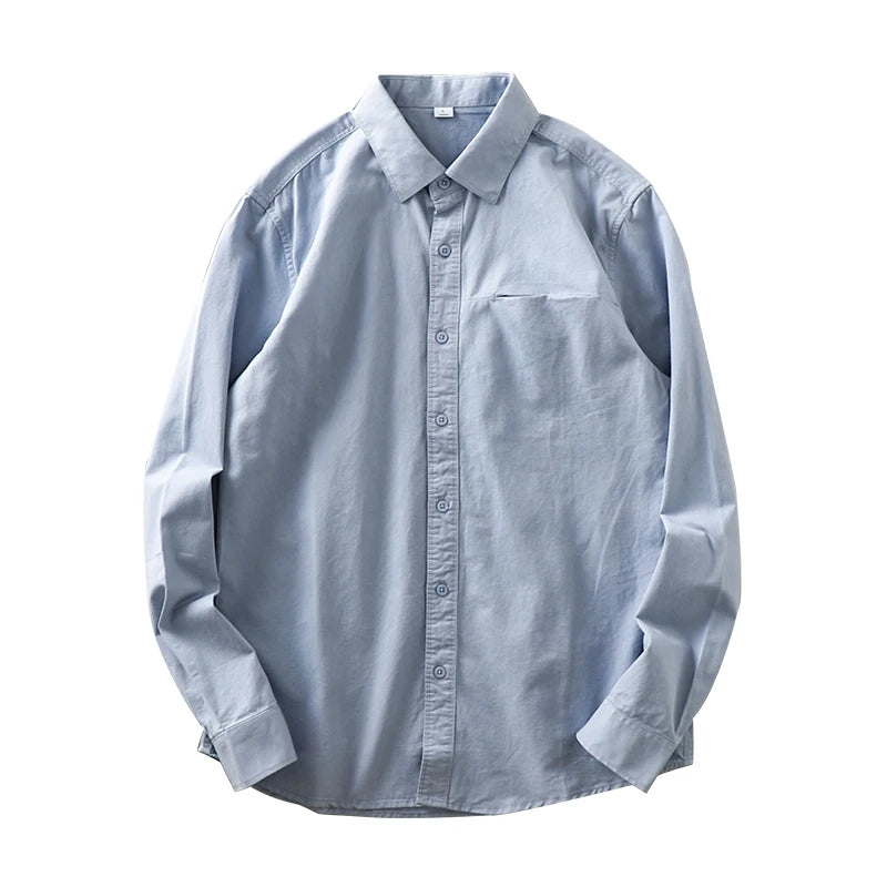 Dukeen Long-Sleeved Shirt Men's Spring and Autumn Cotton Senior Sense of Casual Solid Color White Lapel Shirt Vintage Clothes
