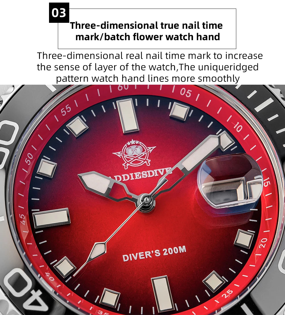 ADDIESDIVE NEW Diver Watch For Men Top Brand Waterproof Luminous Quartz Wristwatch Green/Red/Orange Dial Stainless Steel Watches